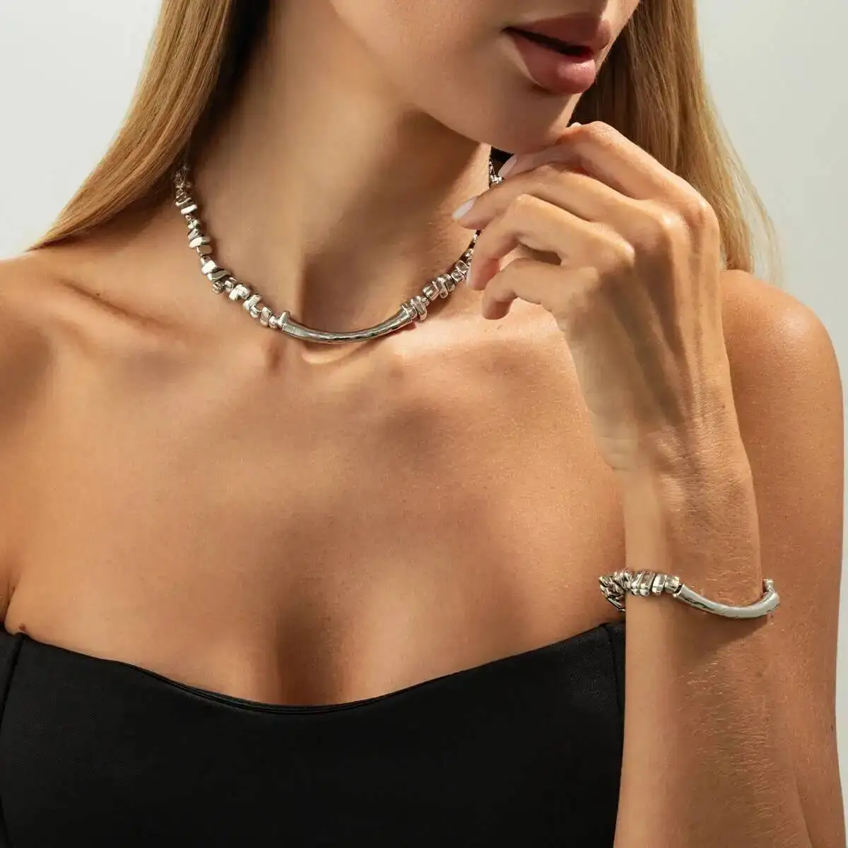المرأة العصرية الحد الأدنى CCB حبة غير النظامية المختنق قلادة وسوار مجموعة مع خط معدني سلسلة الترقوة مجوهرات الأزياء #2