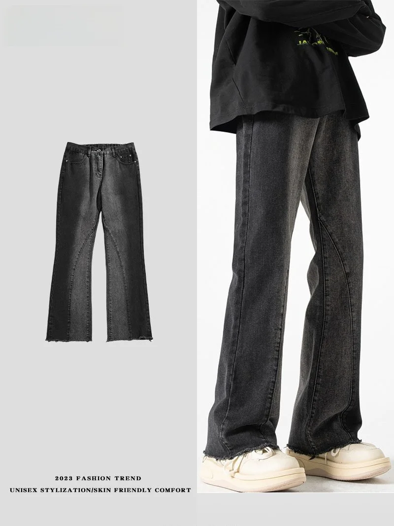 

Retro American Sle Men's Loose Fit Bell Bot Jeans Vintage Worn Look Long Pants Youthful Trendy Casual Wear All Seasons