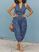GLOURI Women's Barrel Denim Jumpsuits, Sleeveless Front Button Down High Rise Elastic Waist Wide Leg Jean Overalls, Casual Weekend Daily Outfits, One Piece Jean Streetwear Rompers for Women - Image 2