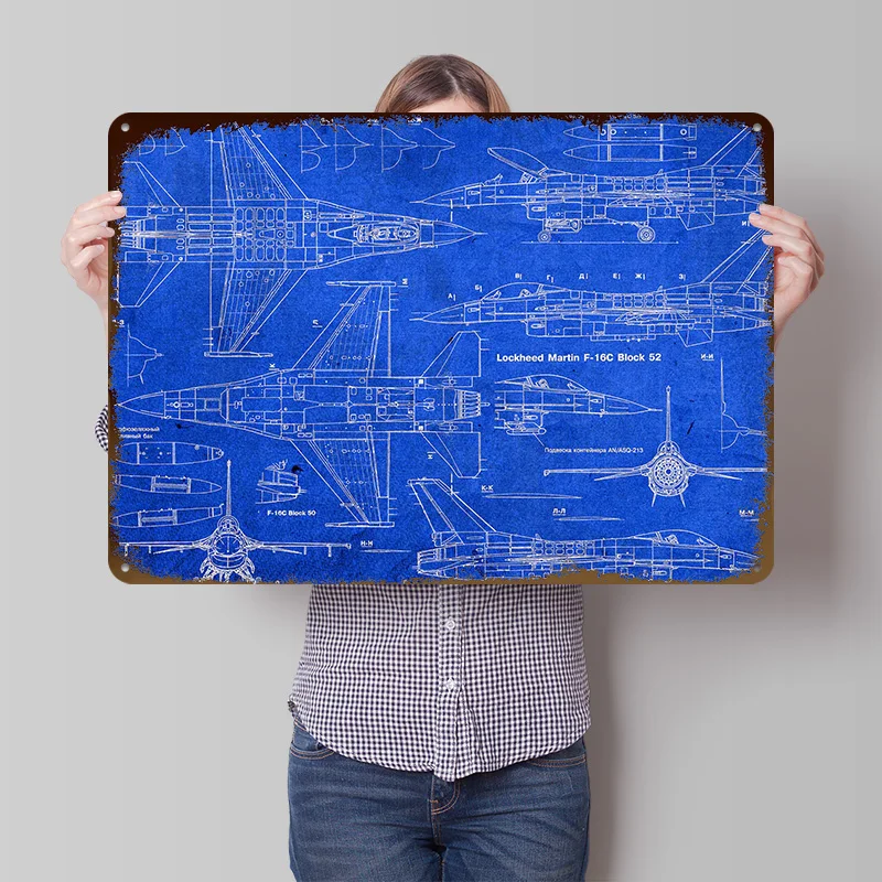 F16 Kampfjet-Pläne Gedrucktes Poster Individualisierte Wandkunst Retro Vintage Metallschilder zur Dekoration Garage Zimmer Ornamente Zuhause