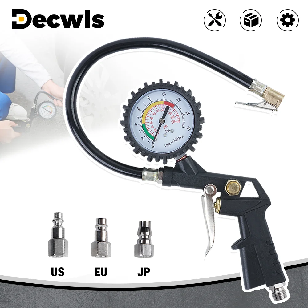 

Car Tire Pressure Gun, 0-16Bar/0-220Psi, Can Inflate/Deflate/Measure Air Pressure,Home Pneumatic Tools, With EU/US/JP Interface
