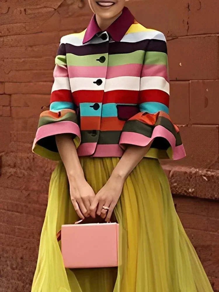 Women Colorful Striped Cropped Jacket Lapel Flare 3/4 Sleeve Button Short Coat Vintage Casual Outerwear With Pockets Blazer