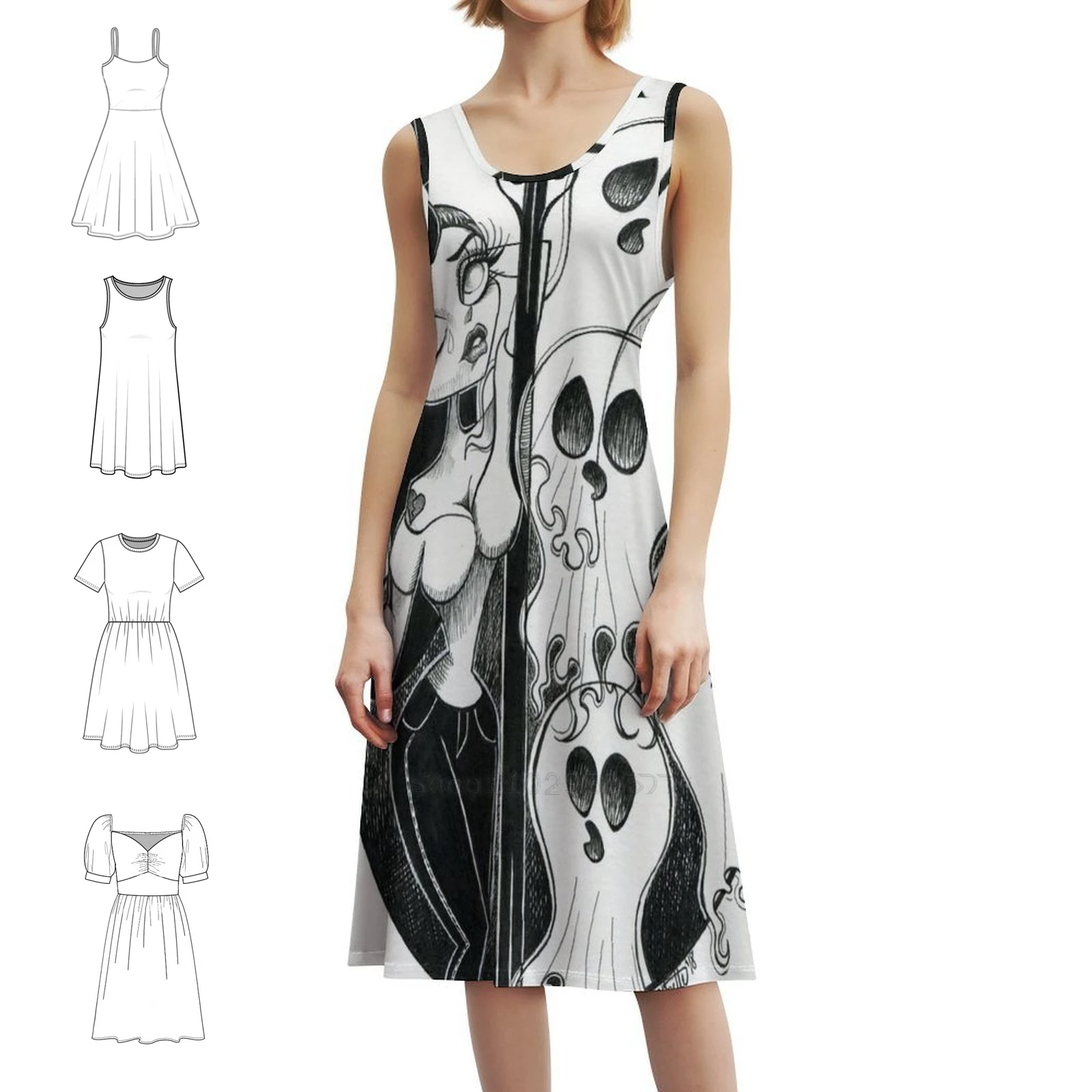 " Under The Spell Of City Lights " Bohemian Sleeveless Dress For Women Print Beach Party Dresses Pinup Girl Ghosts Retro Big