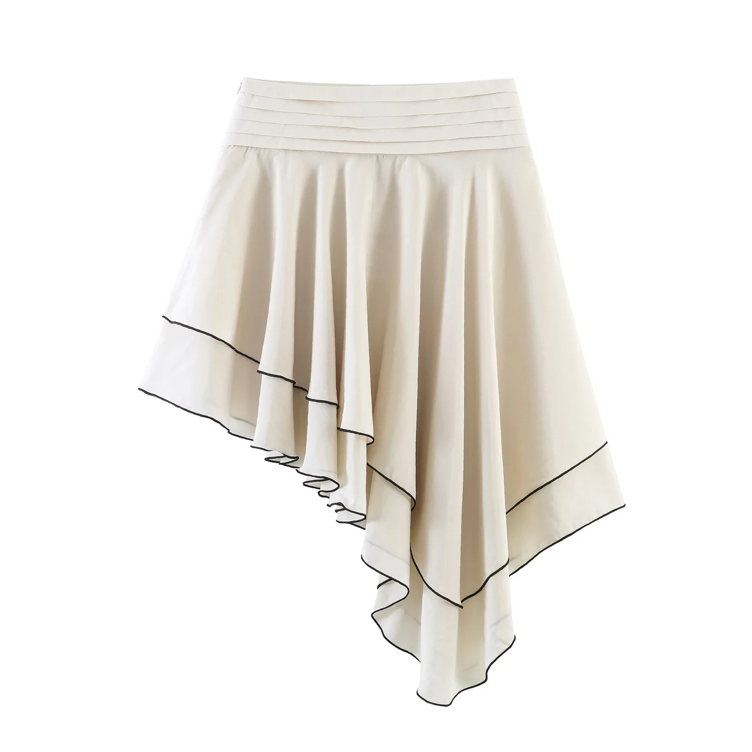 New Women's Beige Ruffle Midi Skirt High Waist Layered Hem Contrast Piping Elegant Flowy Skirt For Party And Daily Outfits X6BV