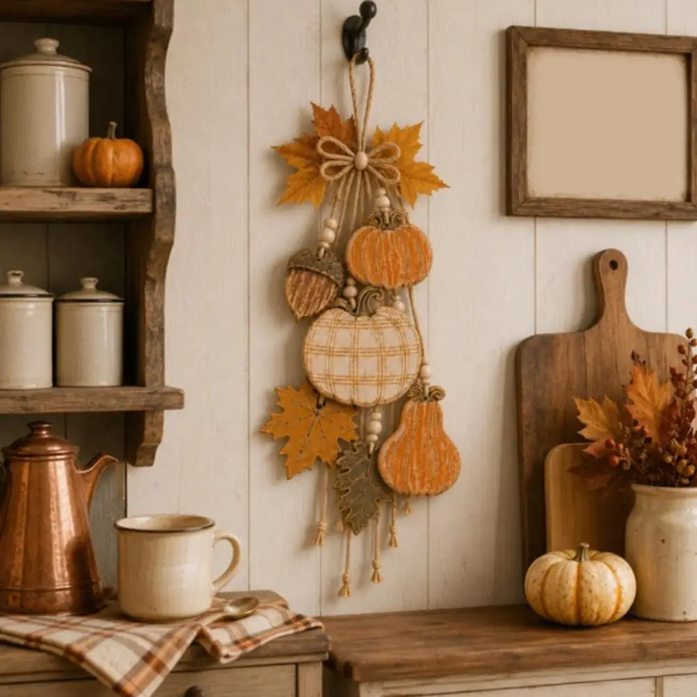 Rustic Pumpkin Hanging Swag, Wooden Pumpkin Ornament with Optional Warm LED Lights, Fall Front Door Hanger for Farmhouse Wall De
