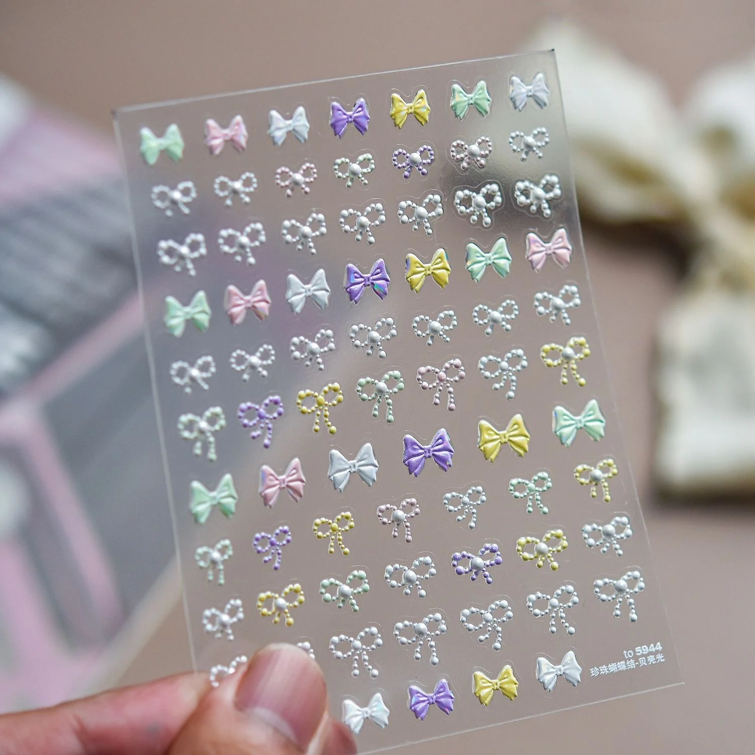 Chain Bow 5D Nail Art Stickers Bowknot Macaron Bow French Pearl Bow Chain Nail Decals Self Adhesive Sweet Nail Decor Manicure