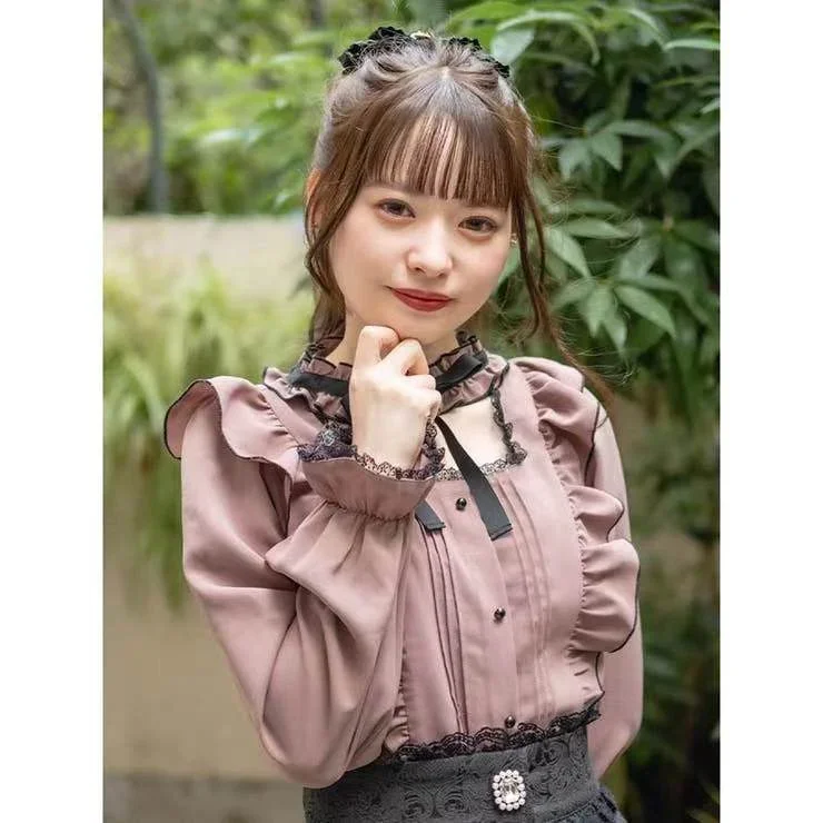 Japanese Rojita Style Sweet Lolita Pink Blouse Shirt Camisas Spring Autumn Women\'s Puff Long Sleeve Bow Blouse Top Mujer