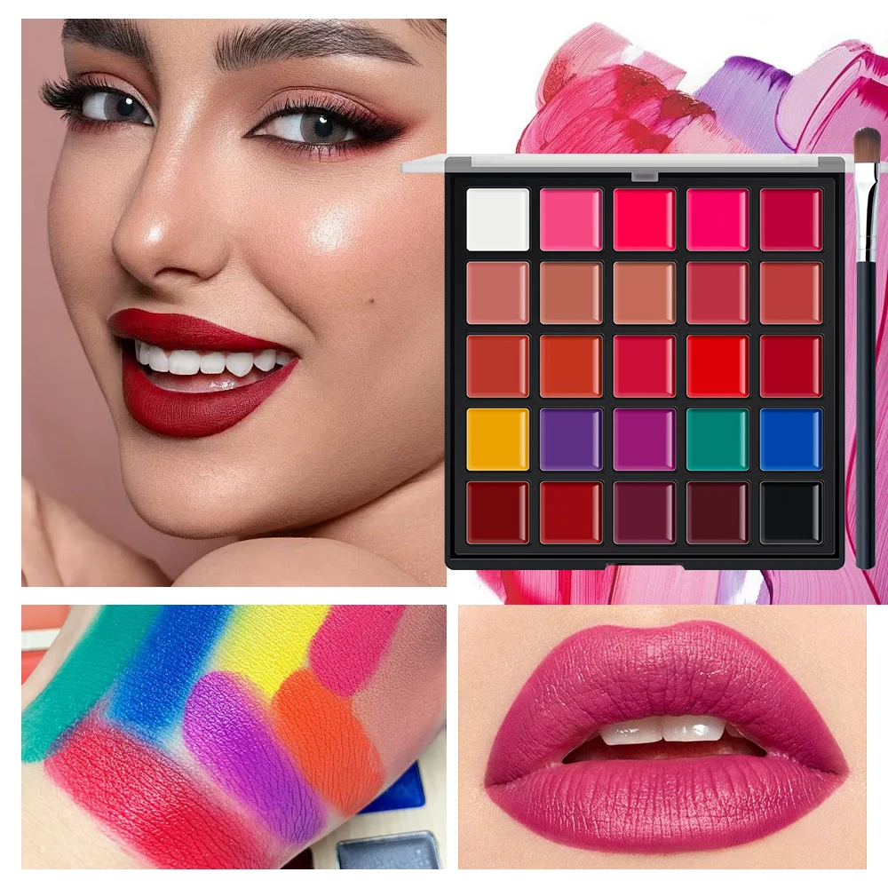 25 Colors Matte Lipstick Palette with Lip Brush,Long Lasting Waterproof High Pigmented Lip Gloss Cream,Multicolor Lip Makeup Kit