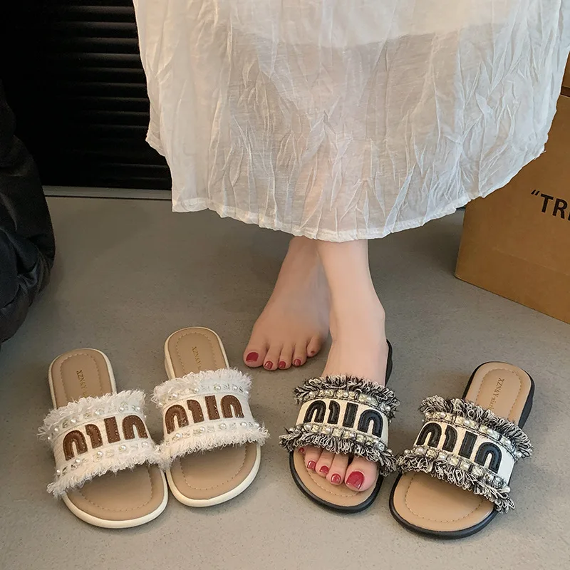Foreign Trade Casual Women's Cool Slippers 2026 Spring Fringed Small Fragrant Wind Beach Leisure One-word Drag