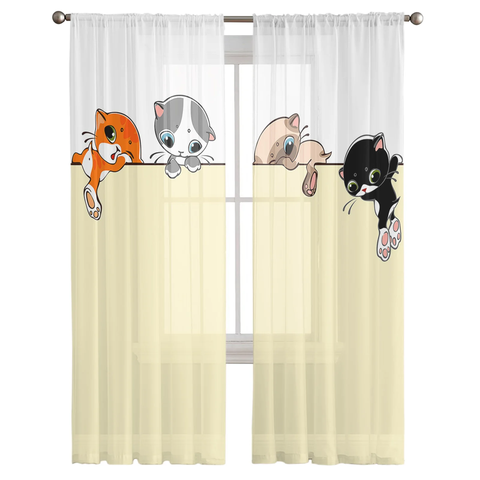 Four Cartoon Kittens Climb The Wall Sheer Curtains for Living Room Bedroom Window Treatment Kitchen Chiffon Curtain