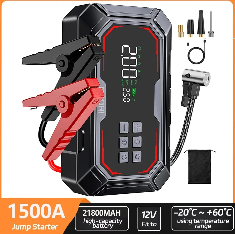 Arrancador de Baterías de 21800mAh, Potenciador de Batería de Coche de 1500A, Arrancador de 12V con Inflador de Neumáticos de 150PSI, Compresor de Aire Portátil, con Pantalla LCD, Banco de Energía
