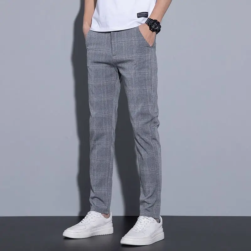 Summer Thin Business Elastic Fashion Trend Slim Casual Print Suit Pants Men\'s Button Zippered Pockets Korean Straight Trousers