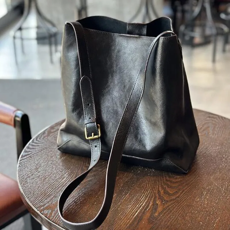 Korean bucket bag Leather female cowhide vintage Tote bag Large capacity cowhide shopping bag single shoulder crossbody bag