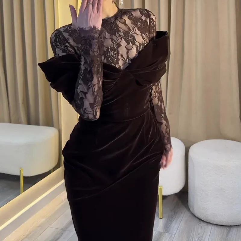 Frühlings-Samtkleid in Unifarbe für Damen, Elegantes Hochgeschnittenes Bankettkleid, Sexy Spitzen-Patchwork Figurbetontes A-Linien-Kleid, Vestidos