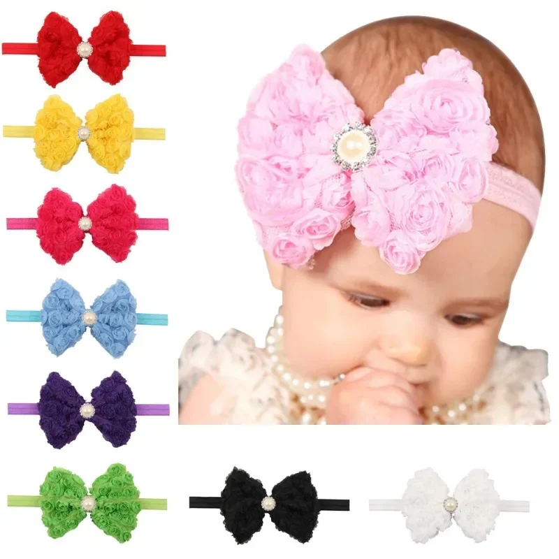 Vintage Girls Pearl Double Layer Rose Flowers Bowknot Headband Headwear Children Kids Hair Band Head Piece Accessories