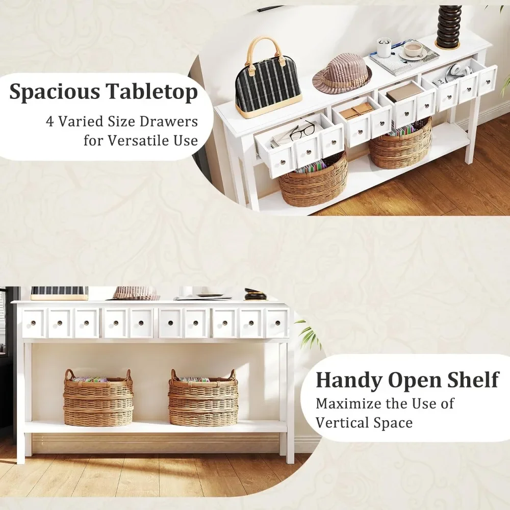 60" Entryway Table, Long Narrow Console Table with 4 Drawers and Open Storage Shelf, Modern Slim Entry Table, Farmhouse