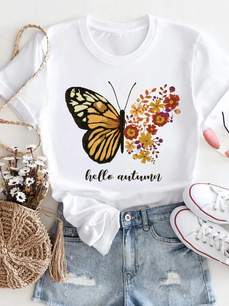 

Осенняя белая футболка с принтом бабочки 90-х годов, повседневный стиль, женская футболка с короткими рукавами и круглым вырезом с рисунком из мультфильма