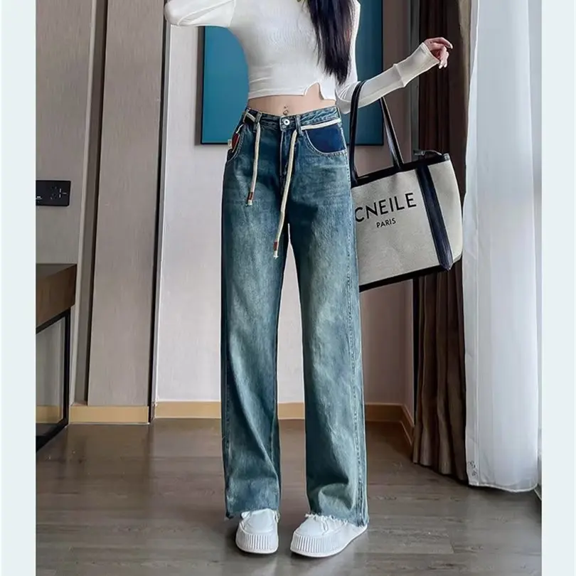 Damesjeans Wijde broek Baggy jeans Hoge taille Gewassen blauw 2025, Herfst Winter Koreaanse mode Veelzijdige slim fit broek