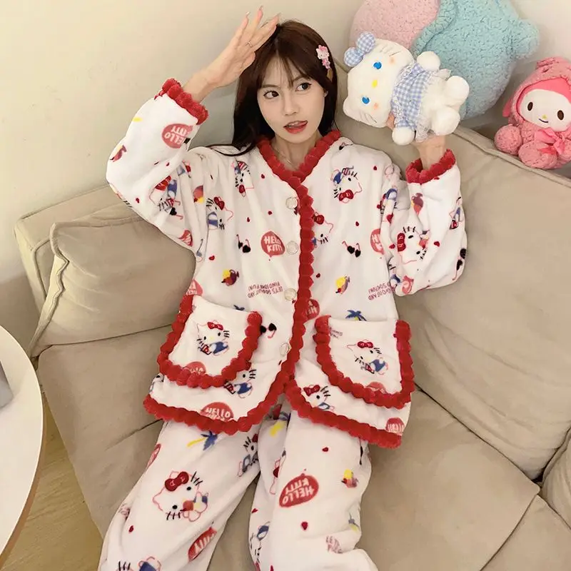 New Sanrio Sleepwear Hello Kitty Pajamas Warm Thickened Woman Winter Cartoon Home Suit Sweet Nightgowns Cute Loungewear Pj Pants