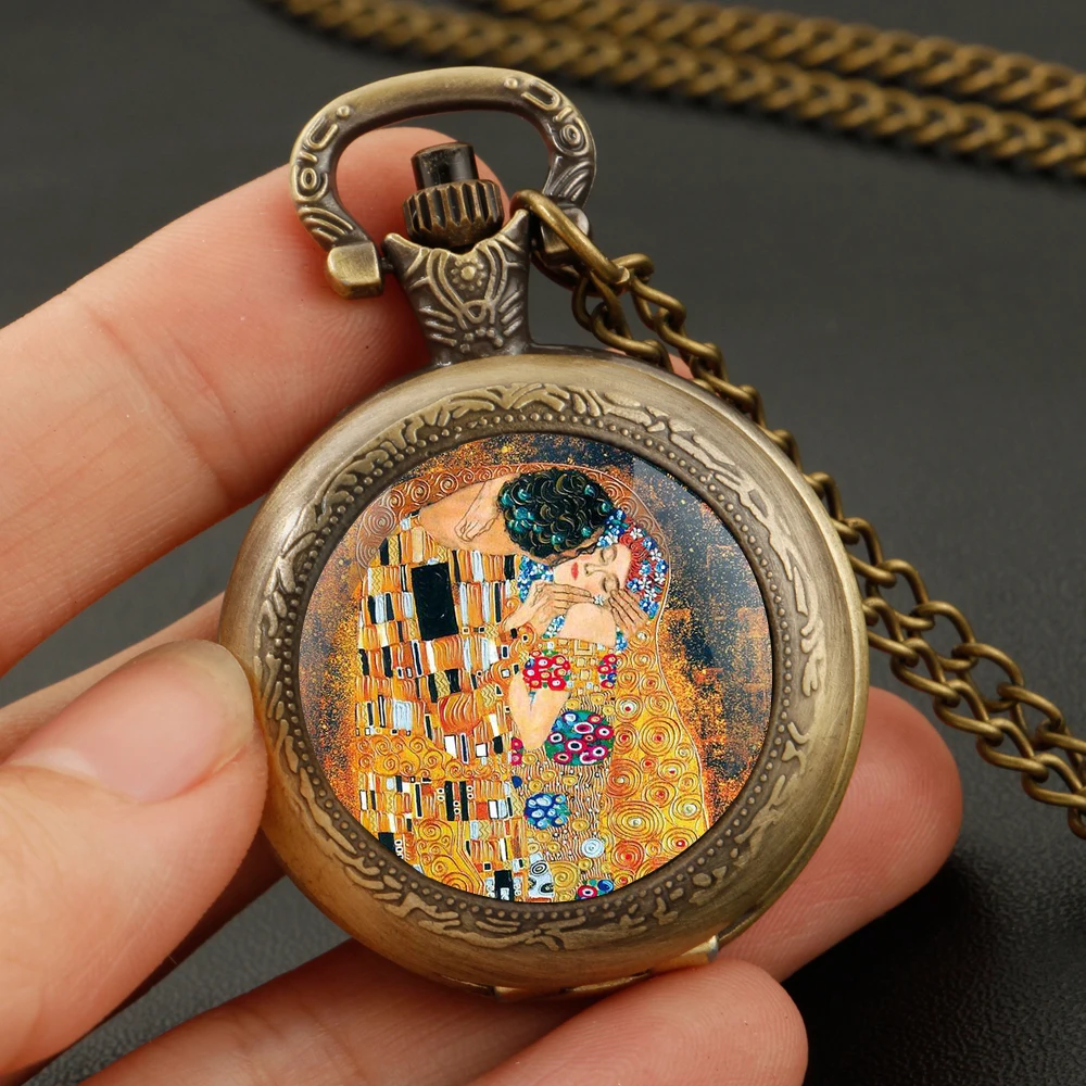 Retro Kiss Gustav Klimt Design Theme Pattern Bronze Pocket Watch Women Men Pendant Necklace Jewelry Watches Gift