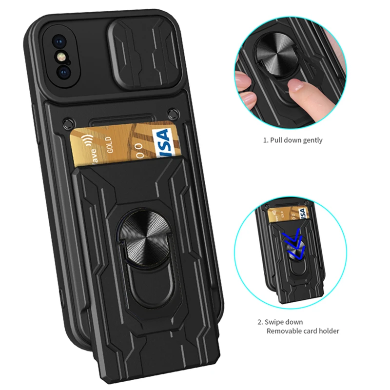 Dla iPhone 13 12 11 Pro Max Etui Slide Camera Card Slot Kickstand Magnetic Ring Shockproof Armor XR XS Max X XS 6 7 8 Plus Cover