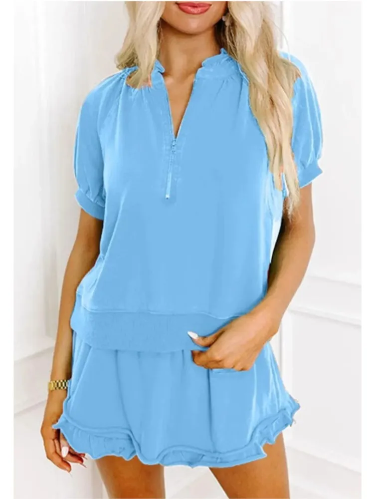 

2025 New Half-zipper Puff Short-sleeved Pleated Top Mini Skirt Two-piece Set Fashionable Casual V-neck Solid Color Skirt Set