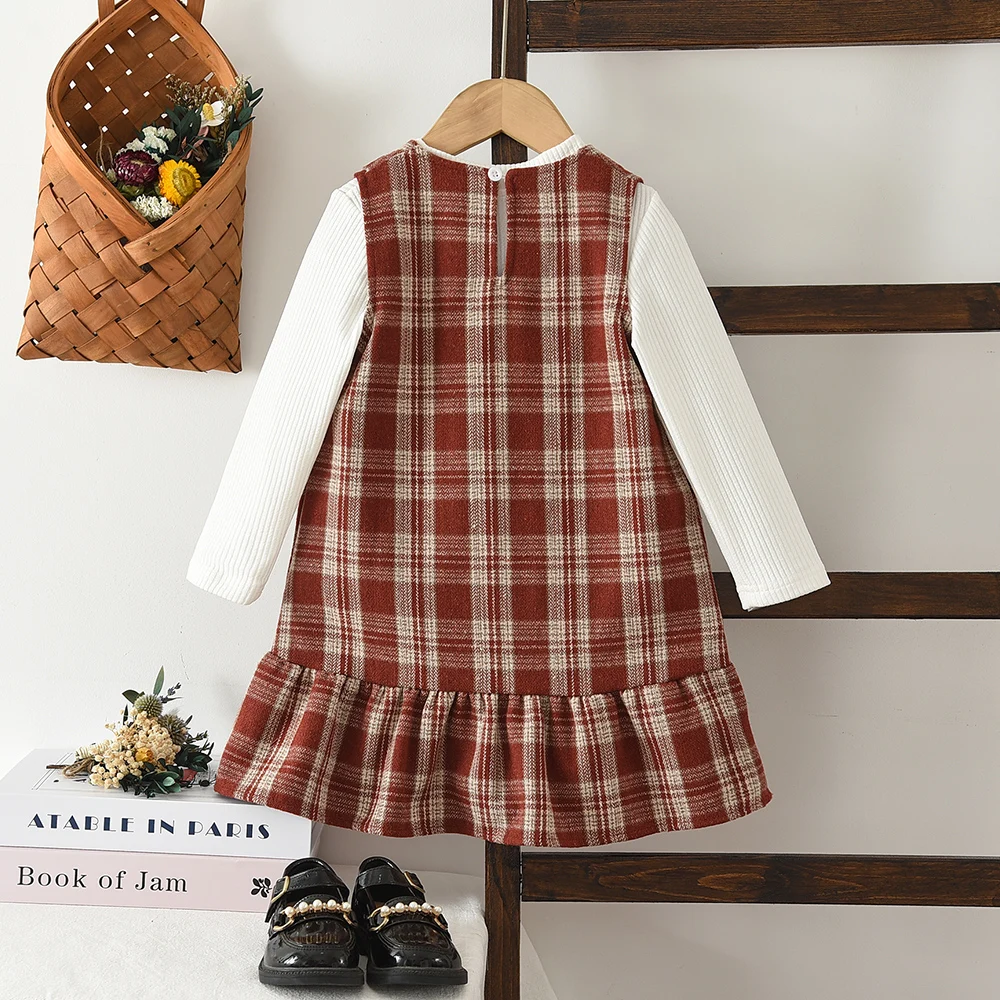 Girls' Autumn Two-piece Set Fashion Plaid Printed Vest Dress + White Long Sleeved Top 2026 Kids Clothes Girls Daily Clothing
