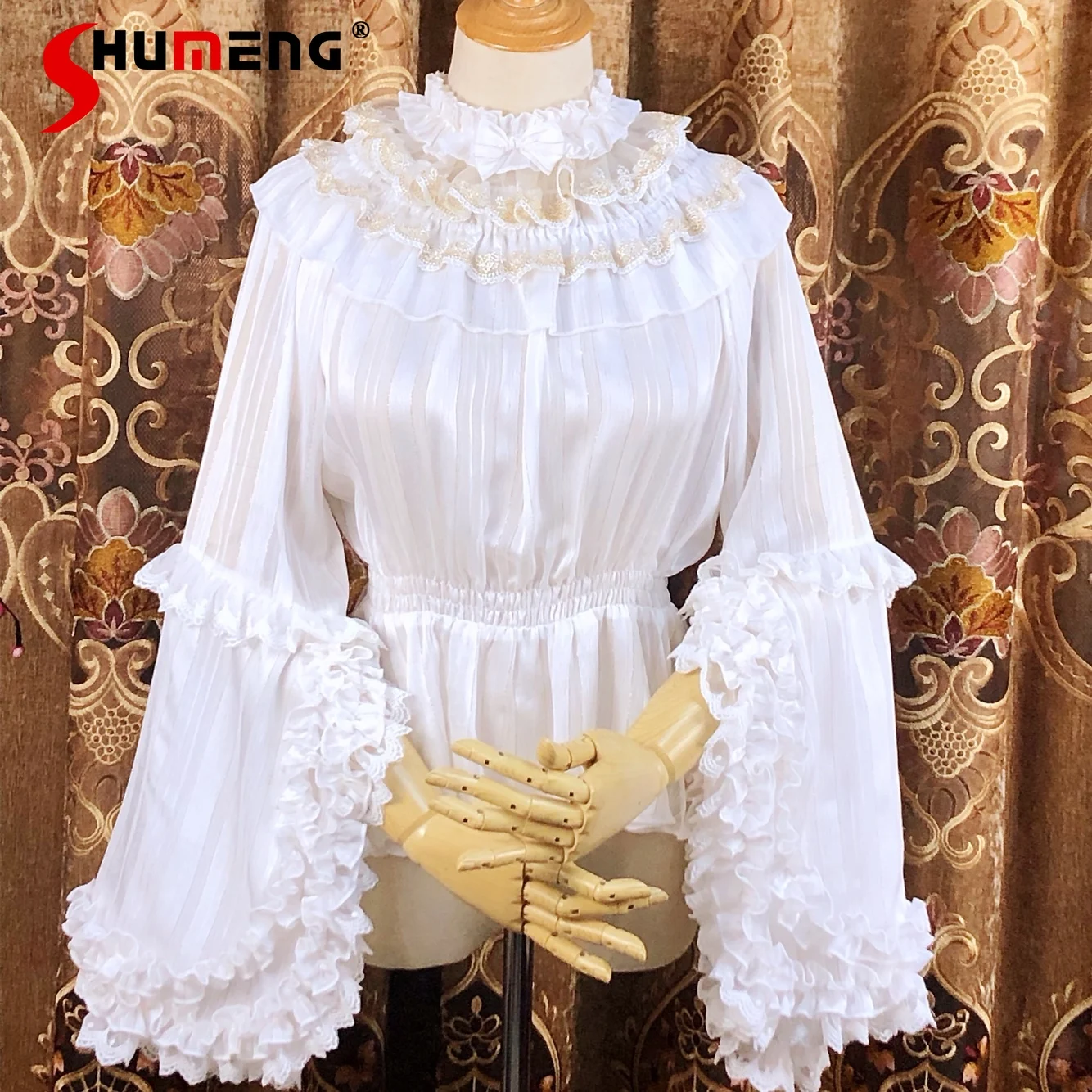 

Original French Retro Court Style Lolita Shirt Womens Autumn Slim Fit Elegant Flared Sleeve Chiffon Inside Blouses Tops Mujer