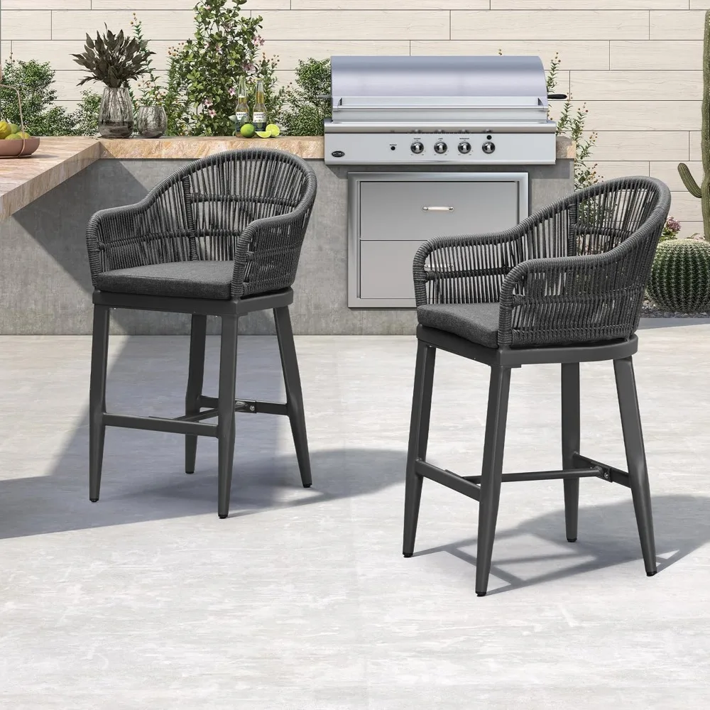 Bar Stools Counter Set of 2 Patio Metal Modern Wicker Rattan Bar Chairs Woven Aluminum Barstools with Back and Cushions