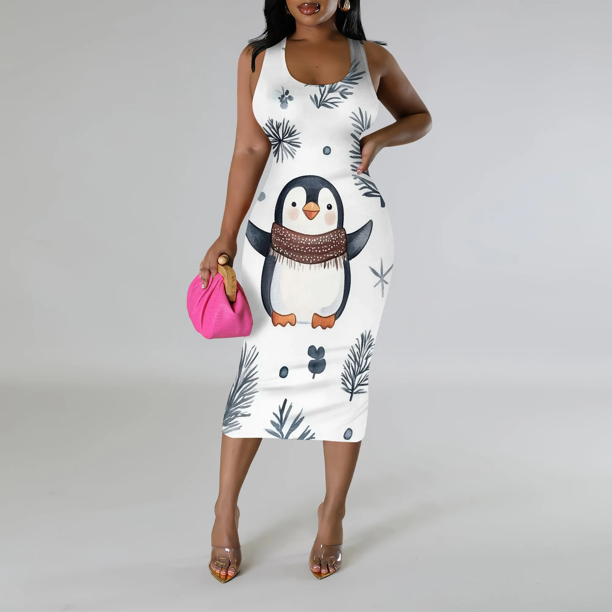 

Women's Christmas Penguin Print Dress S-3XL 2025 Cute Sleeveless Bodycon Dress for Holiday Party Winter Celebration Look