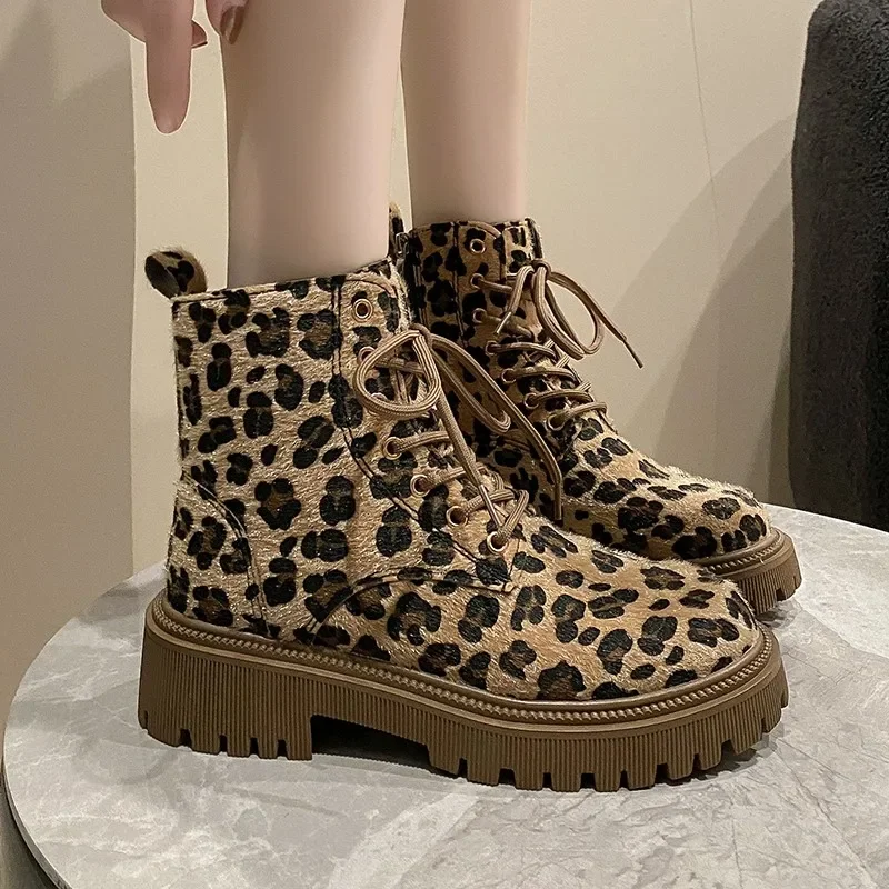 Botas de invierno con cordones y plataforma para mujer, botines de leopardo con cremallera alta, a la moda, 2024