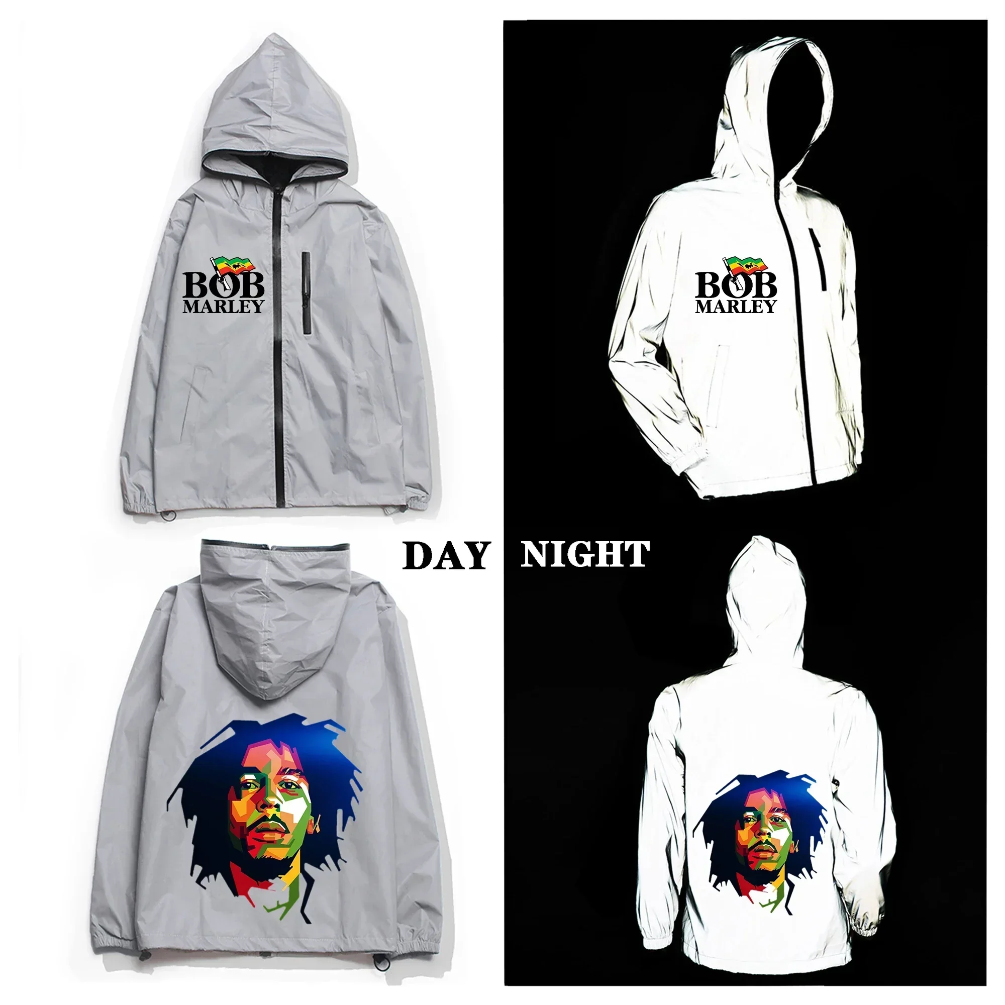 Legend Bob Marley Reflective Jacket Mens Womens Coat Hooded Windbreaker Run Pocket Jackets Cycling Hiking Zipper Custom Hoodie