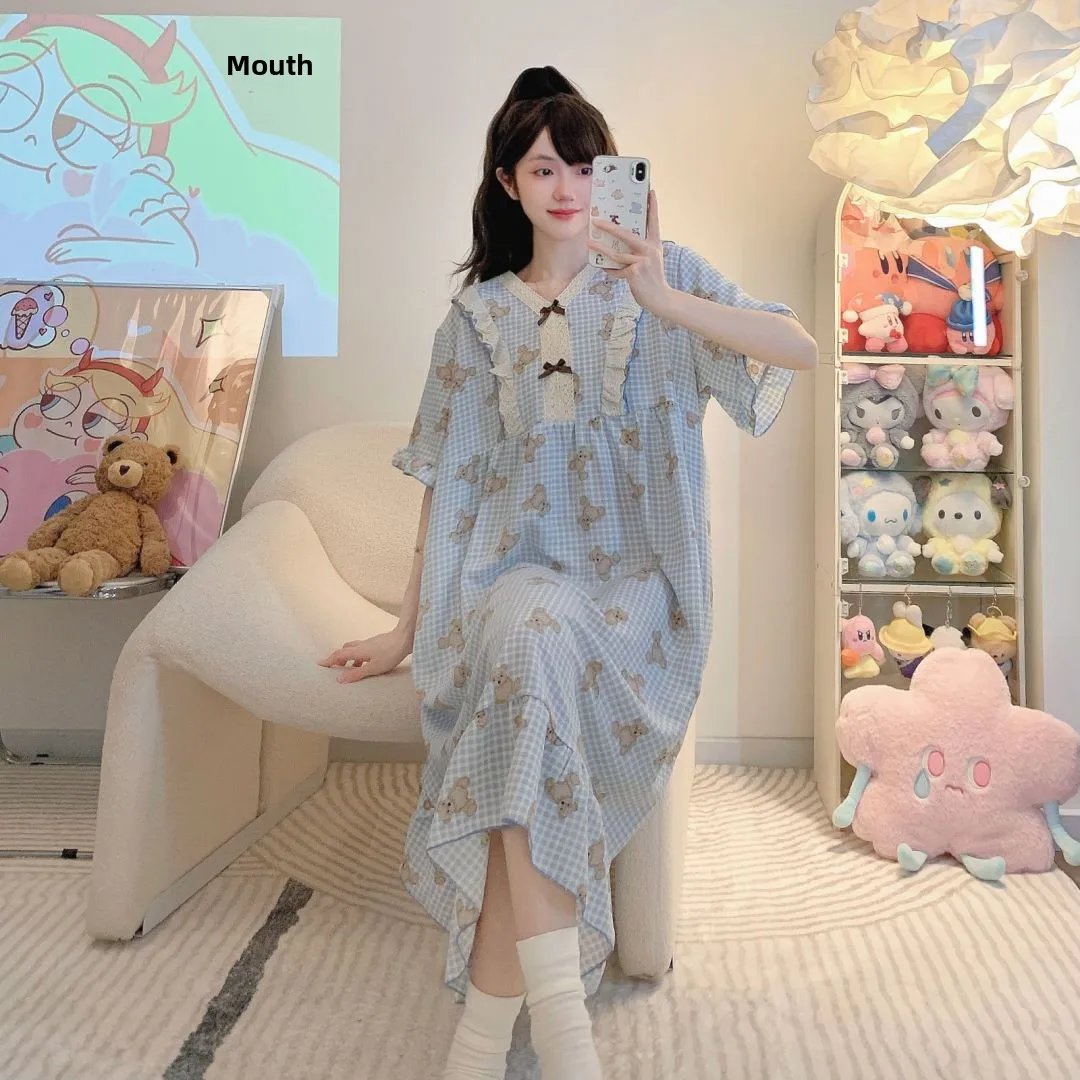 

Летние пижамы больших размеров, женские свободные милые принцессы, домашняя длинная тонкая ночная рубашка средней длины, повседневная ночная рубашка с принтом