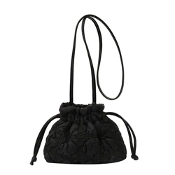 Women Puffer Bucket Bag Detachable Strap Drawstring Shoulder Bags Solid Color Quilted Crossbody Bag for Party Vacation