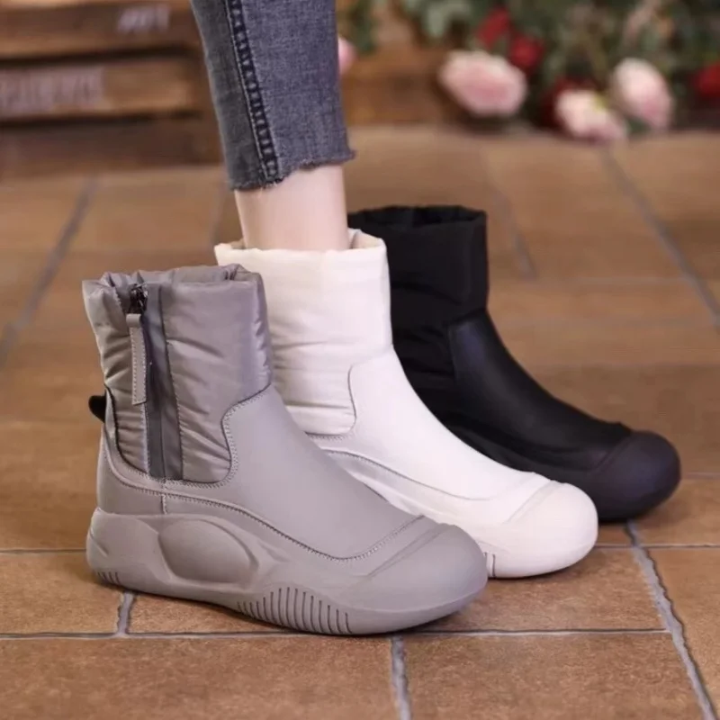 Waterproof down Fabric Snow Boots Women's Thickened Fleece Lined Winter Boots Short Tube Casual Style Side Zipper Closure