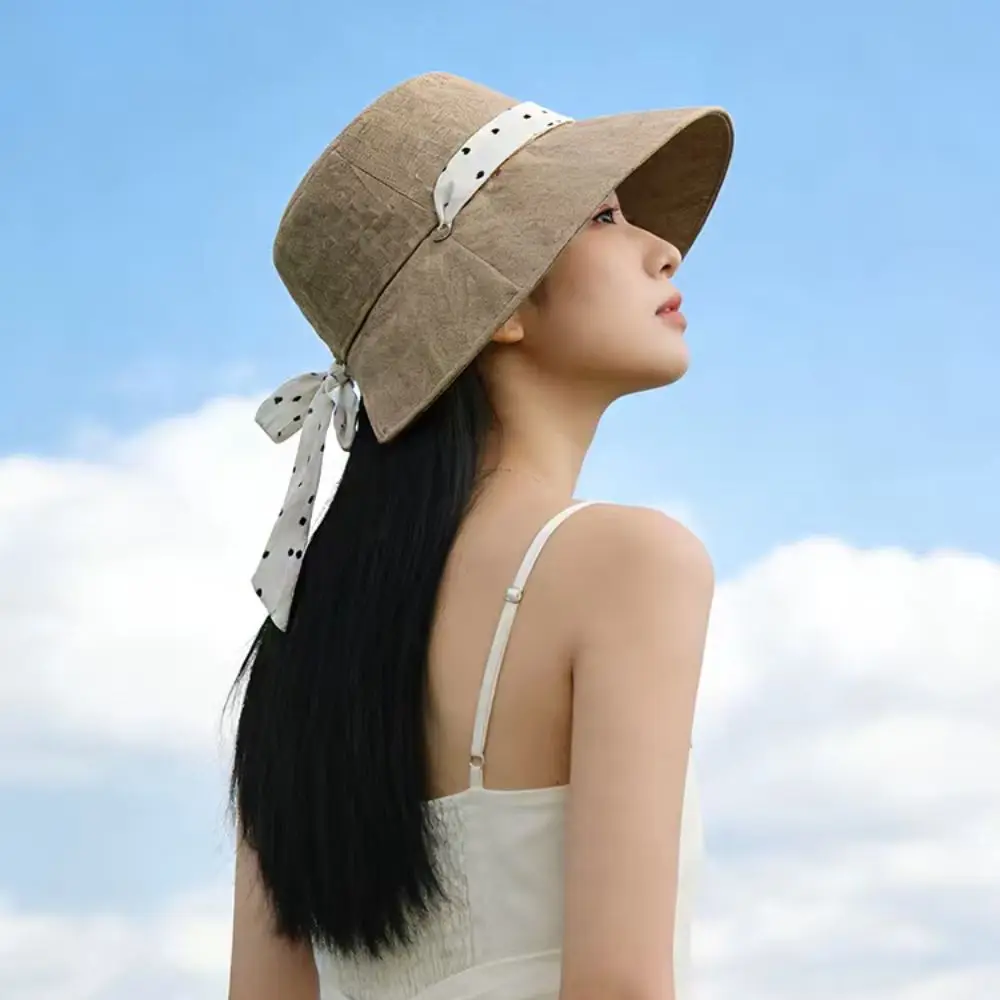 

Fashion Polka Dot Ribbon Women Fisherman Hat Solid Color Lace Sunshade Hat Wide Brim Breathable Summer Sun Hat Outdoor