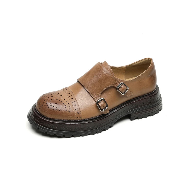 

Monk Shoes Women Genuine Cow Leather Buckle Strap Brogue Style Round Toe Casual Ladies Flats Handmade