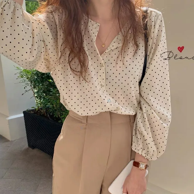 

Autumn New Korean Loose Long Sleeve Polka Dot Women Lantern Design Versatile Classic Female Tops