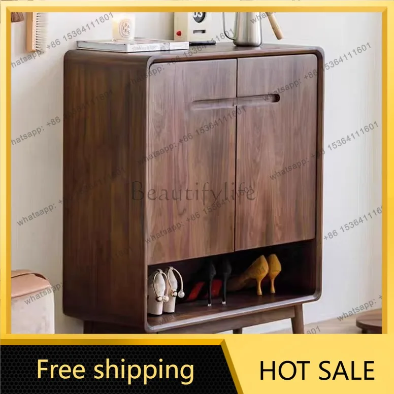 Factory Direct Sales Black Walnut Side Cabinet Solid Wood Storage Nordic Log Foyer Shoe Cabinet
