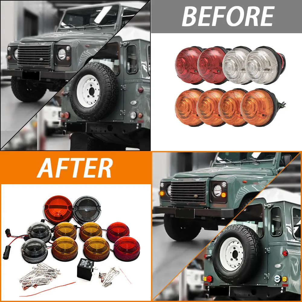 10 sztuk/zestaw przydymione soczewki kompletny zestaw do modernizacji lampy Led do Land Rover Defender 1990-2016 przednie tylne światła boczne