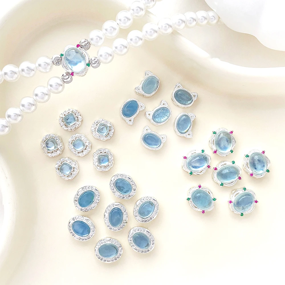 1 Piece Copper Plated with Silver Natural Sea Blue Treasure Barrier Bead Pendant Embedded DIY Jewelry Making Accessory Materials