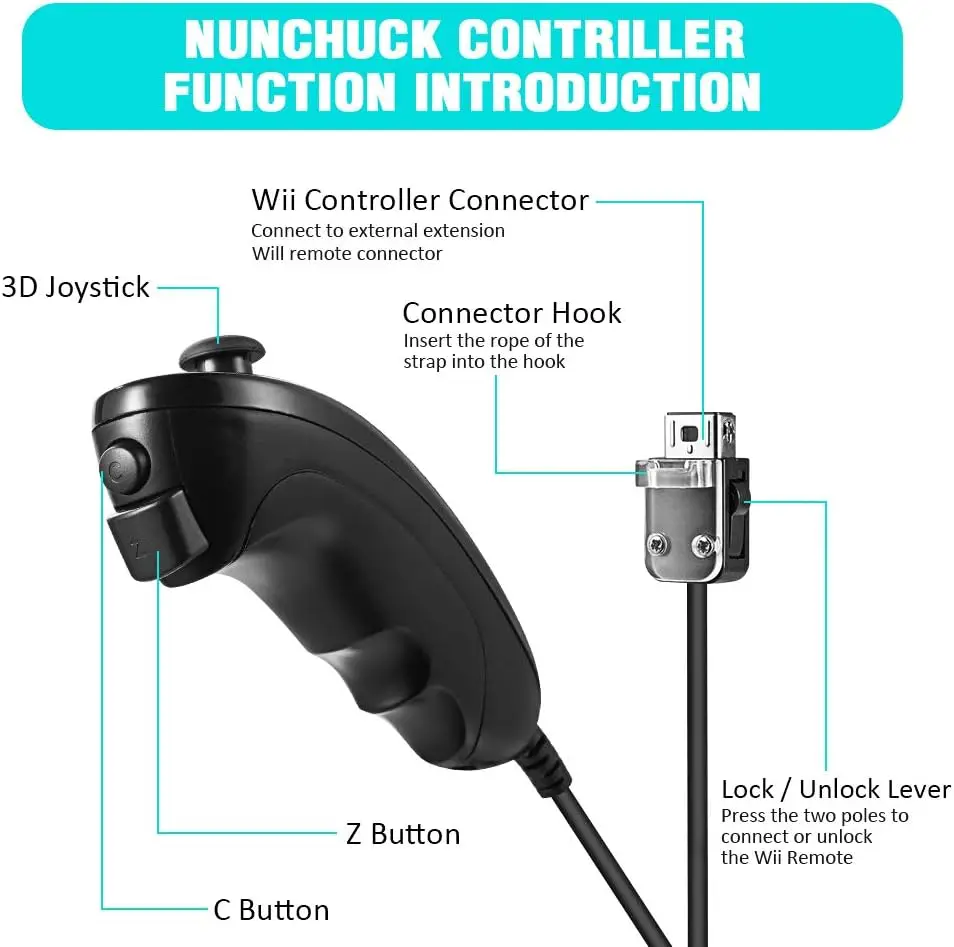 وحدة تحكم عصا التحكم اليسرى لعبة Wii Nunchuk، وحدة تحكم عصا التحكم المنحنية اليدوية لمرفقات أوامر Wii