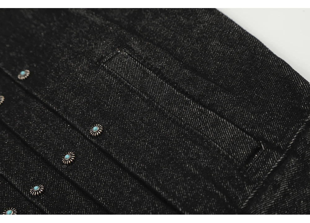 Herren Vintage-Jeansjacke mit Flugzeug-Schnalle, Türkis-Knopf-Mantel, lässige amerikanische Retro-Streetwear, schwarze kurze Oberbekleidung – Detail 10