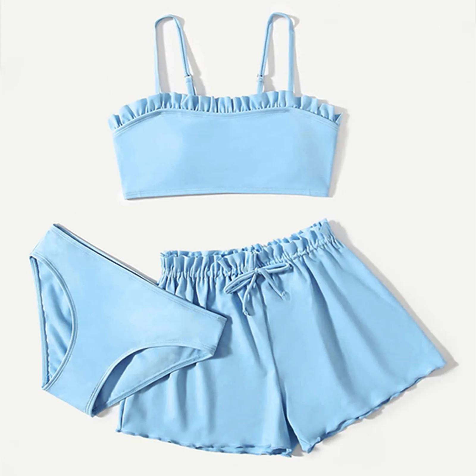 3pcs/set Kids Child Solid Blue Black Bikini Tops Underpants Ruffles Skirt Girls Swimsuits Bathing Suit Swimwear For Teens Small