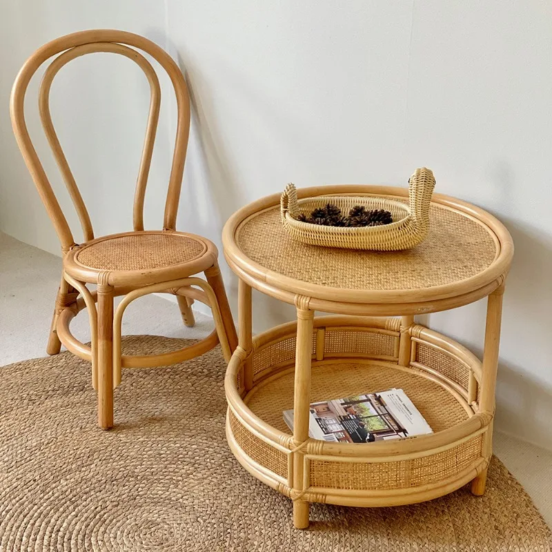 Natural Woven Rattan Coffee Table Minimalist Side Table for Small Spaces 2 Layers Round Sofa End Tables Living Room Center Desk
