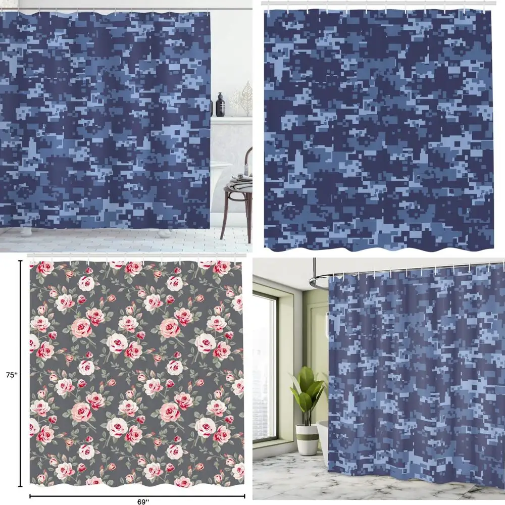 

Камуфляжная занавеска для душа в винтажном стиле с гранж-узором в современном синем хуе для стильной ванной комнаты