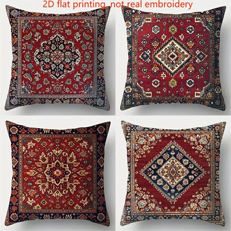 Estampado plano 2D, no es bordado auténtico. Juego  4 fundas  almohada con estilo bohemio, patrones vintage, motivos florale