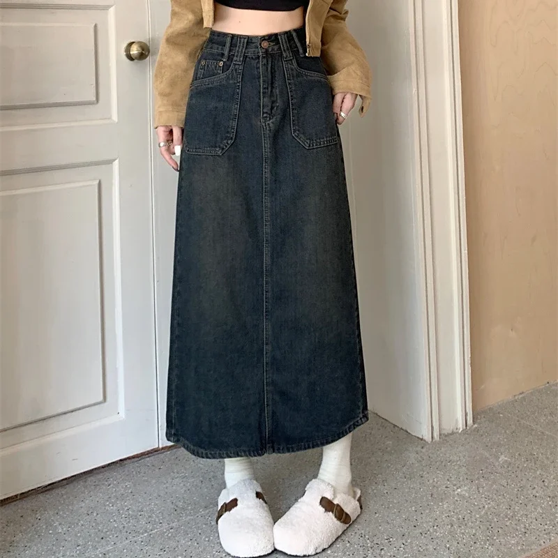 Versatile Denim Long Skirts Women Korean Style Office Lady Fashion Solid Color High-waisted A-line Ankle Length Skirts Female