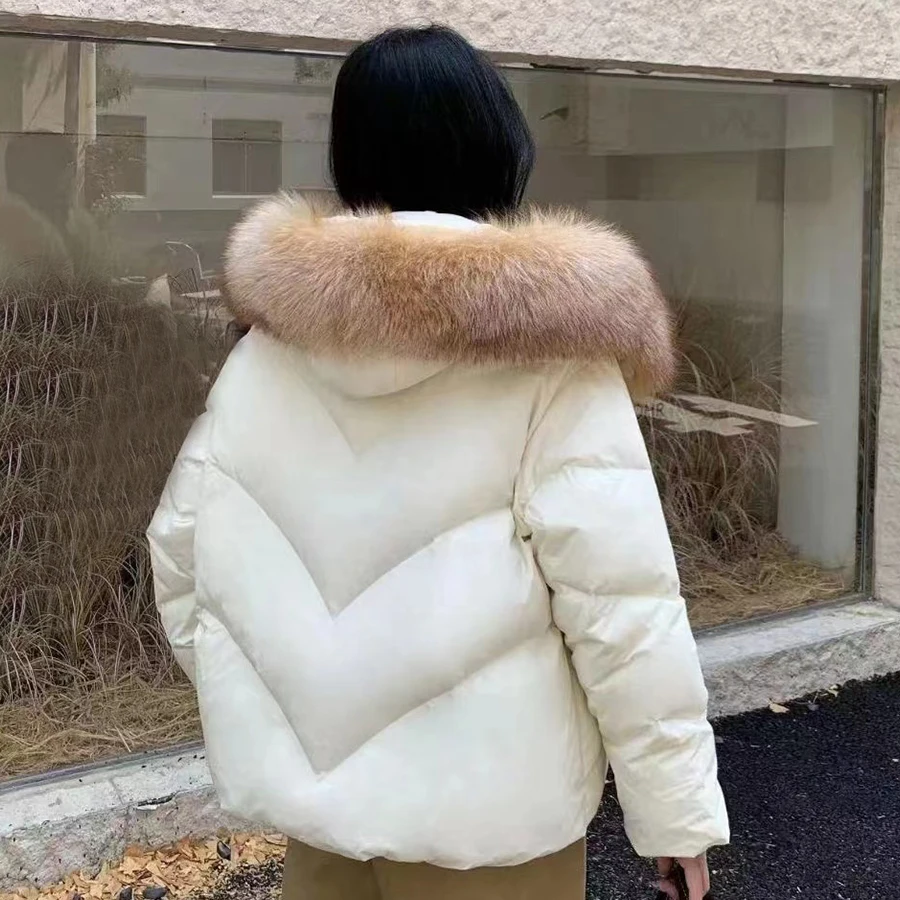 Real Fur Puffer Jacket Women Winter Goose Down Coat With Hood Natural Fox Fur Collar Luxury Short Warm Down Coats