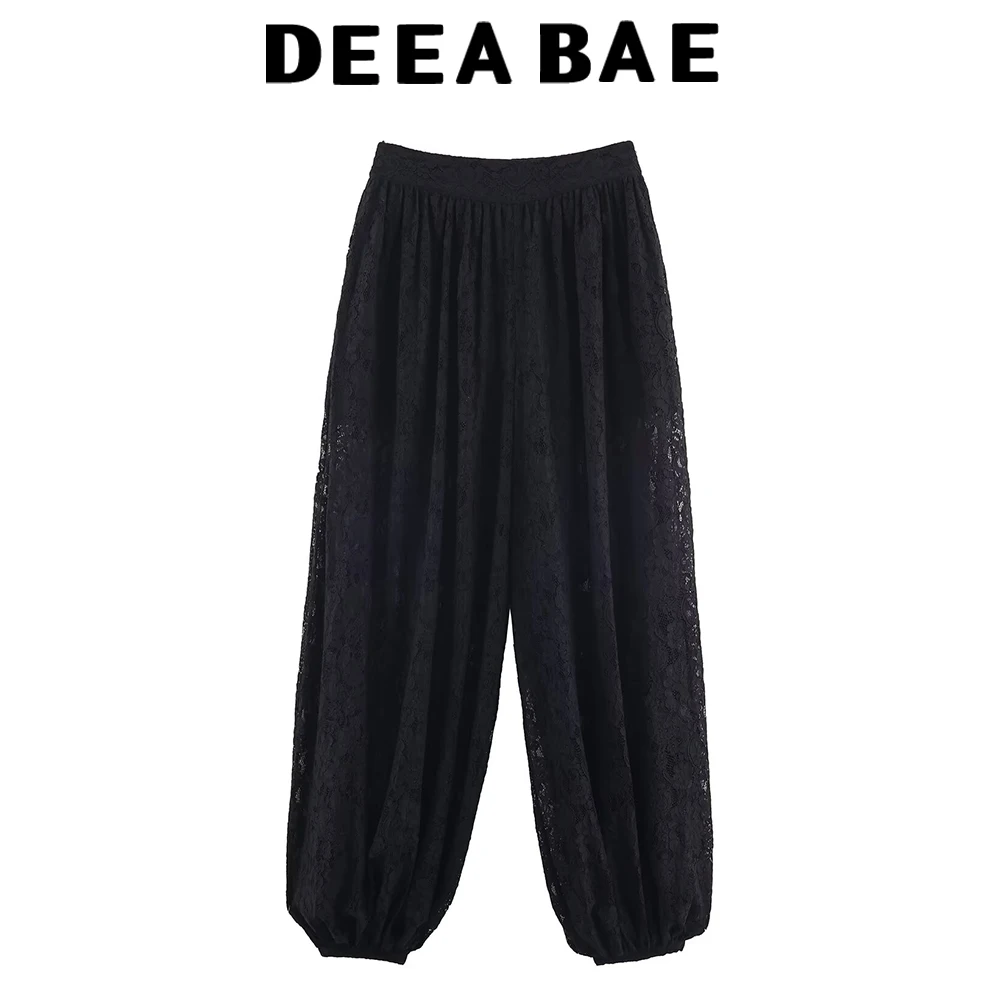 DEEABAE 多彩な気質のレース、透かし彫りのレース、伸縮性のあるハイウエスト、ゆったりとした着心地、スリム効果のあるカジュアルロングパンツ